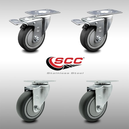 Service Caster 4 Inch SS Thermoplastic Rubber Wheel Top Plate Caster Total Lock Brakes, 2PK SCC-SSTTL20S414-TPRB-2-S-2